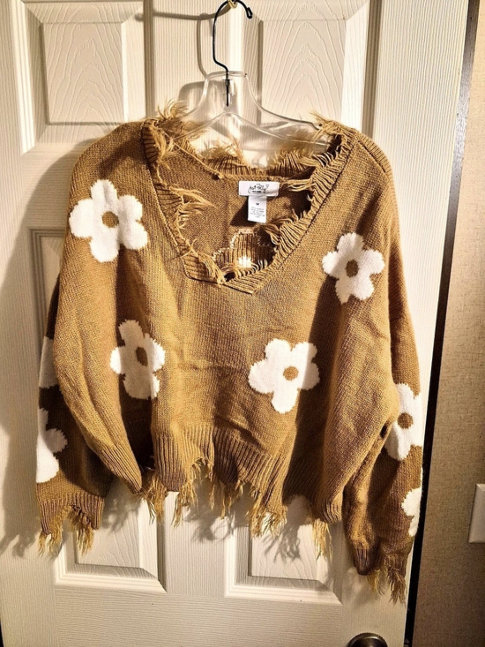 Just Polly Brown Daisy Floral Knit Frayed Hem Pullover Sweater, Medium